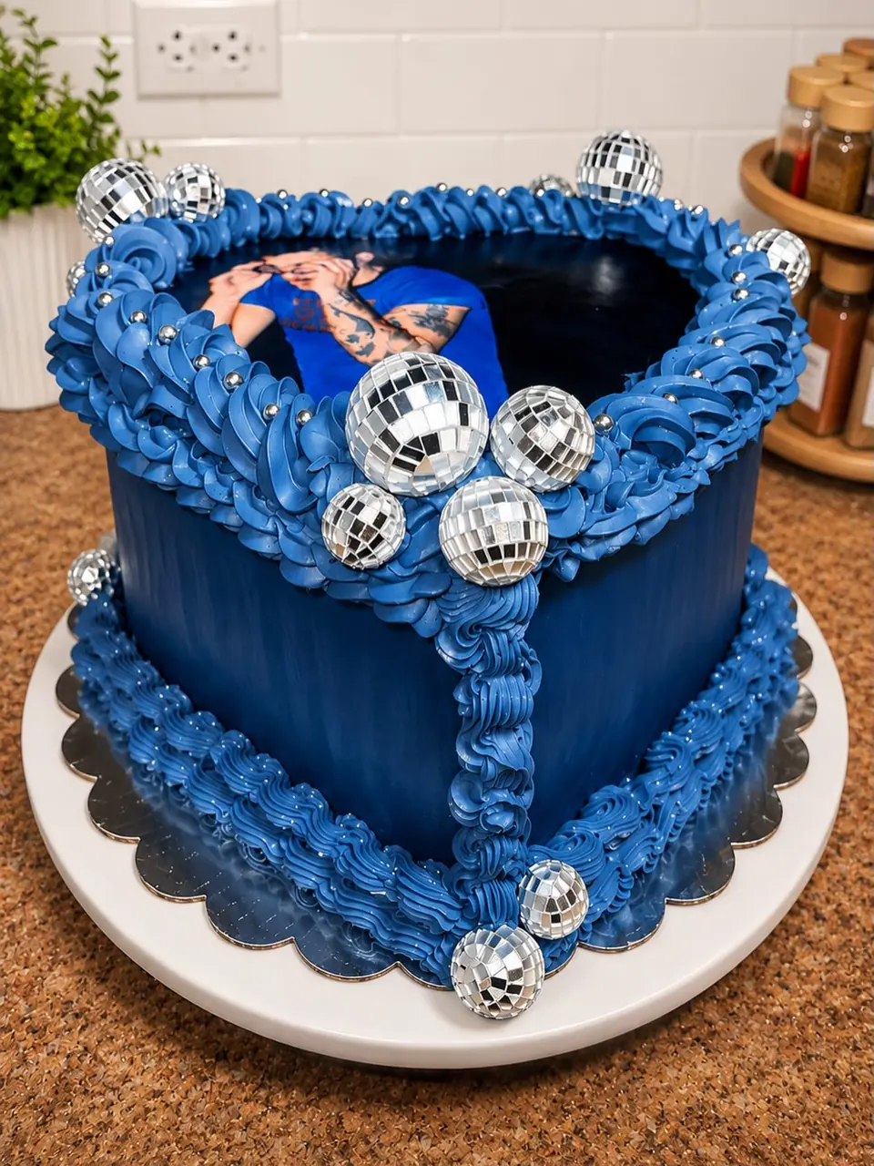 Harry Styles-inspired heart cake with vintage piping and mirrored disco accents