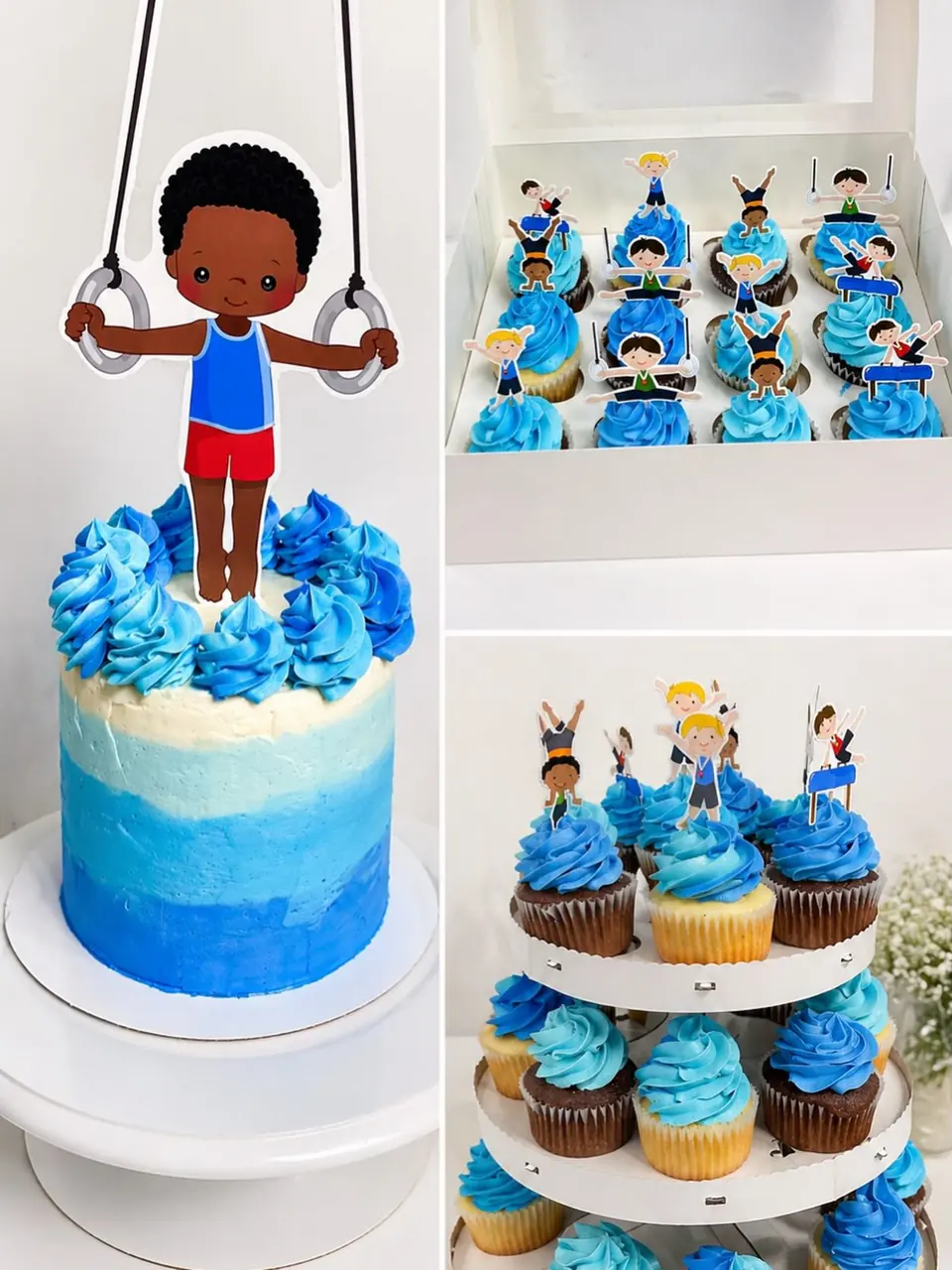 Tumbling-themed 2nd birthday cake with chocolate and vanilla bean cupcakes