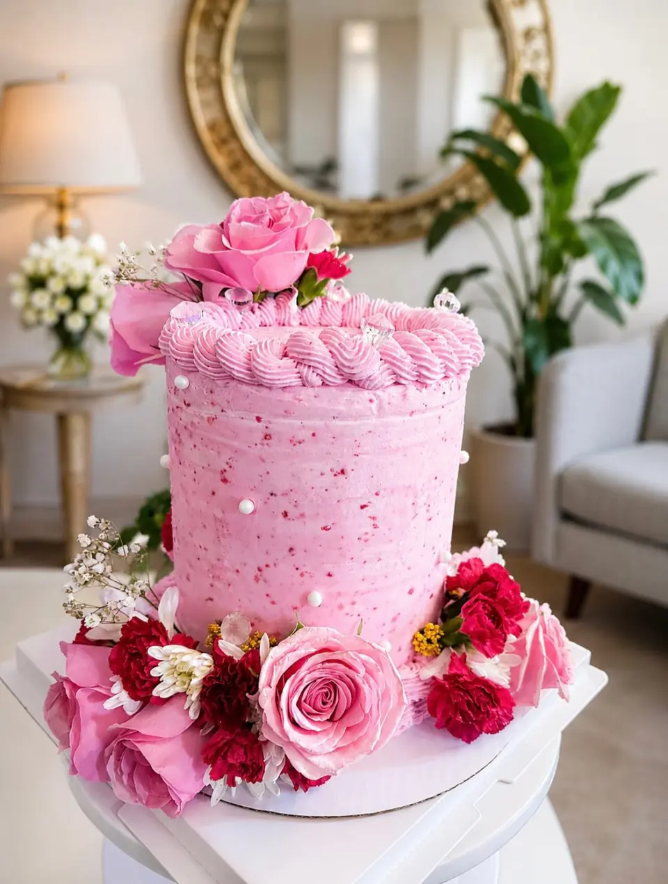 Pink strawberry cake decorated with fresh roses and pearl piping