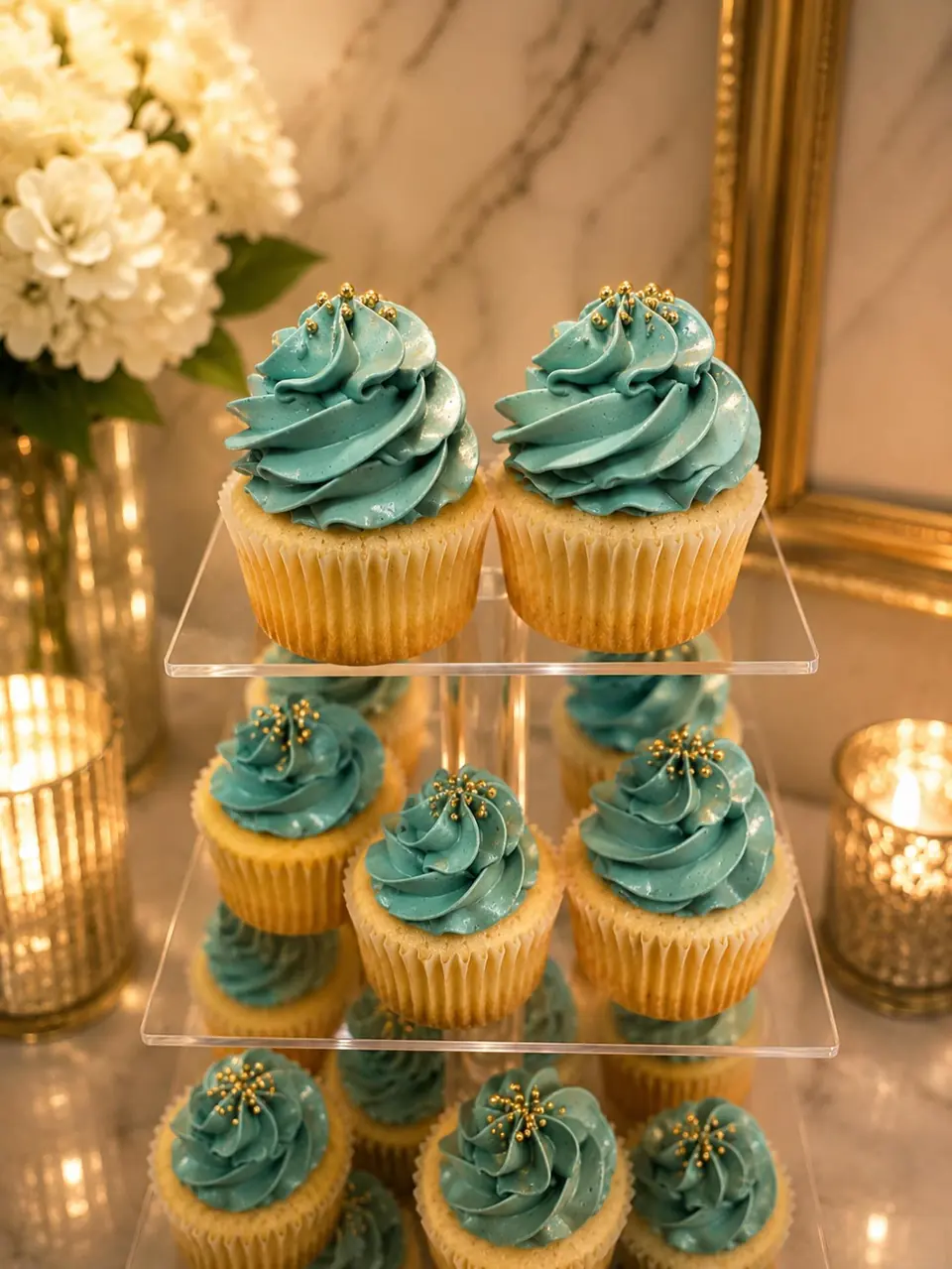 Soft vanilla cupcakes in emerald Swiss meringue buttercream with gold pearls