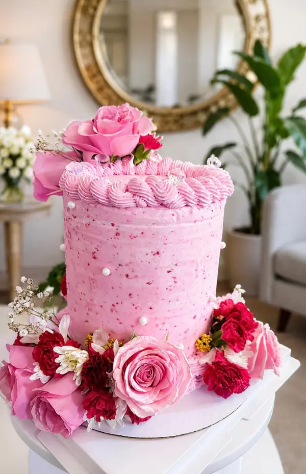 Three celebration cakes by Jacquelyn Rose Treats: a pearl-trimmed birthday cake, a pink cake with fresh roses and an orange and gold cake