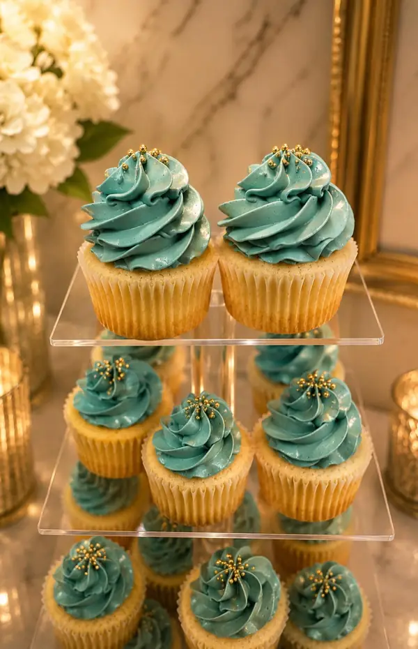 Teal-frosted cupcakes on a tiered stand, Ferrero Rocher cupcakes and cupcakes topped with fresh strawberries