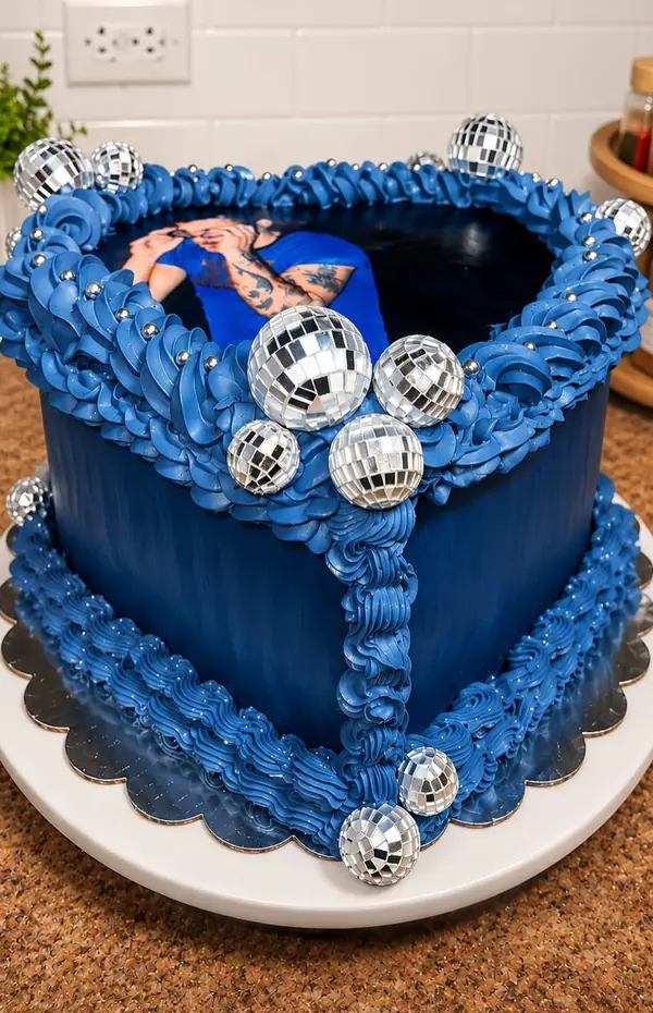 Custom cakes including a blue vintage-piped heart cake